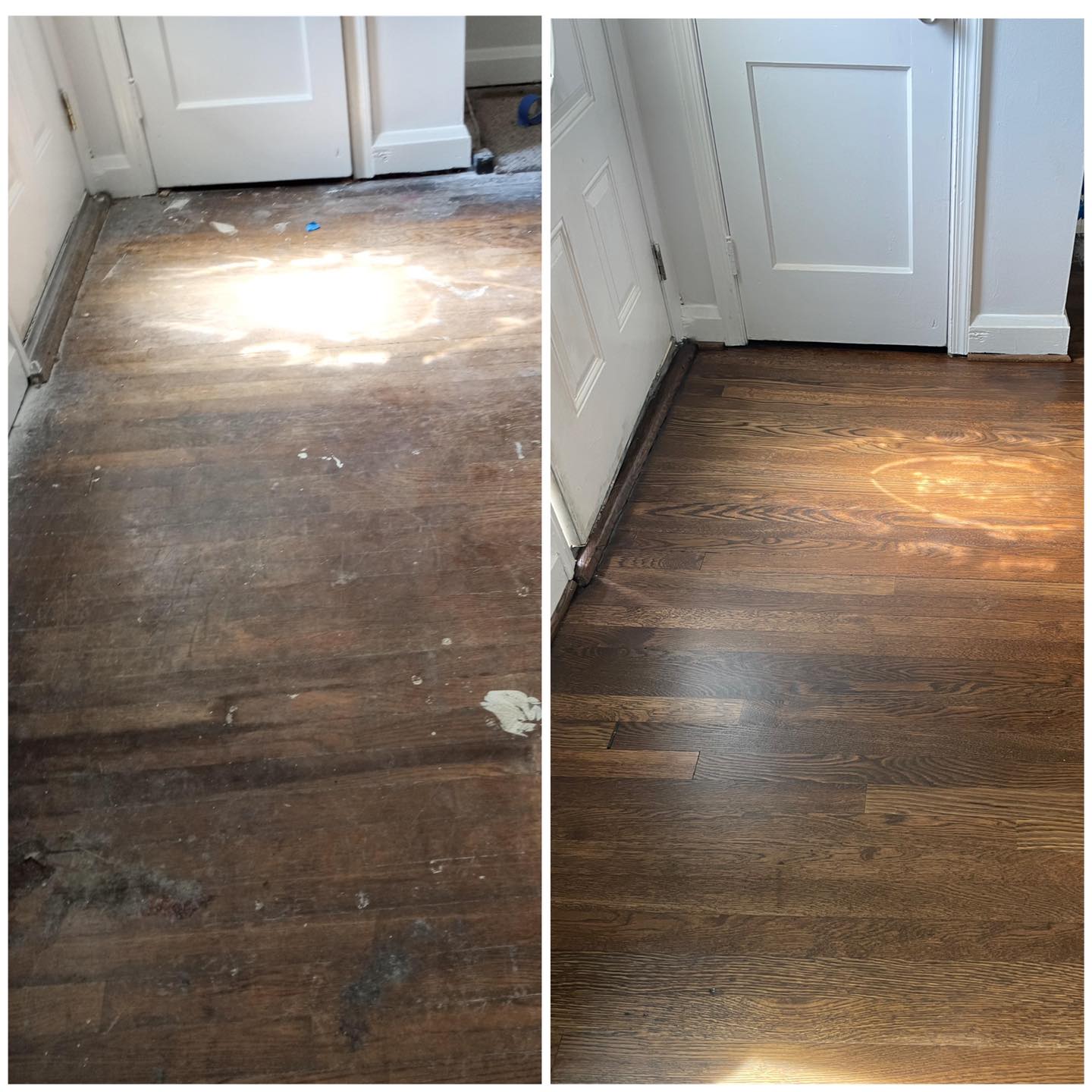 Before and after entryway floor refinishing